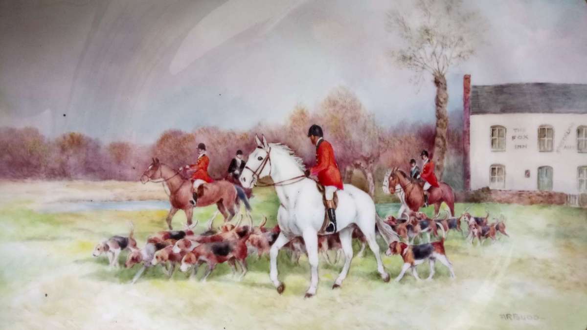 A watercolour drawing of horses and hounds in front of The Fox Inn at Monkwood Green circa 1900